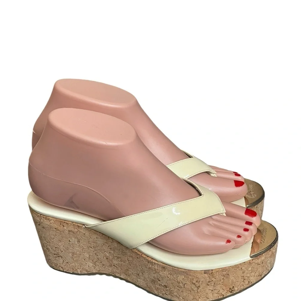 JIMMY CHOO Open Toe Platform Wedge Sandals Leather‎ Cork Size 7/ 37